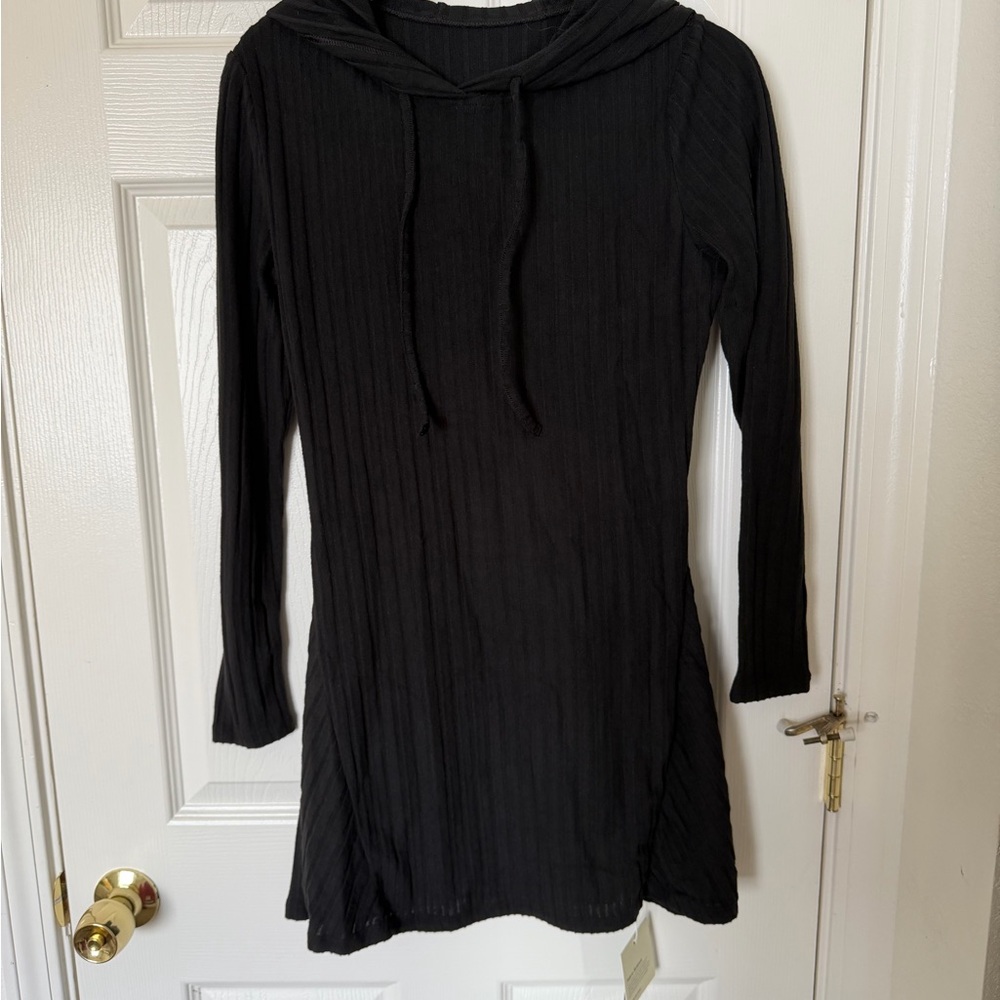 Black Ribbed Hooded Dress